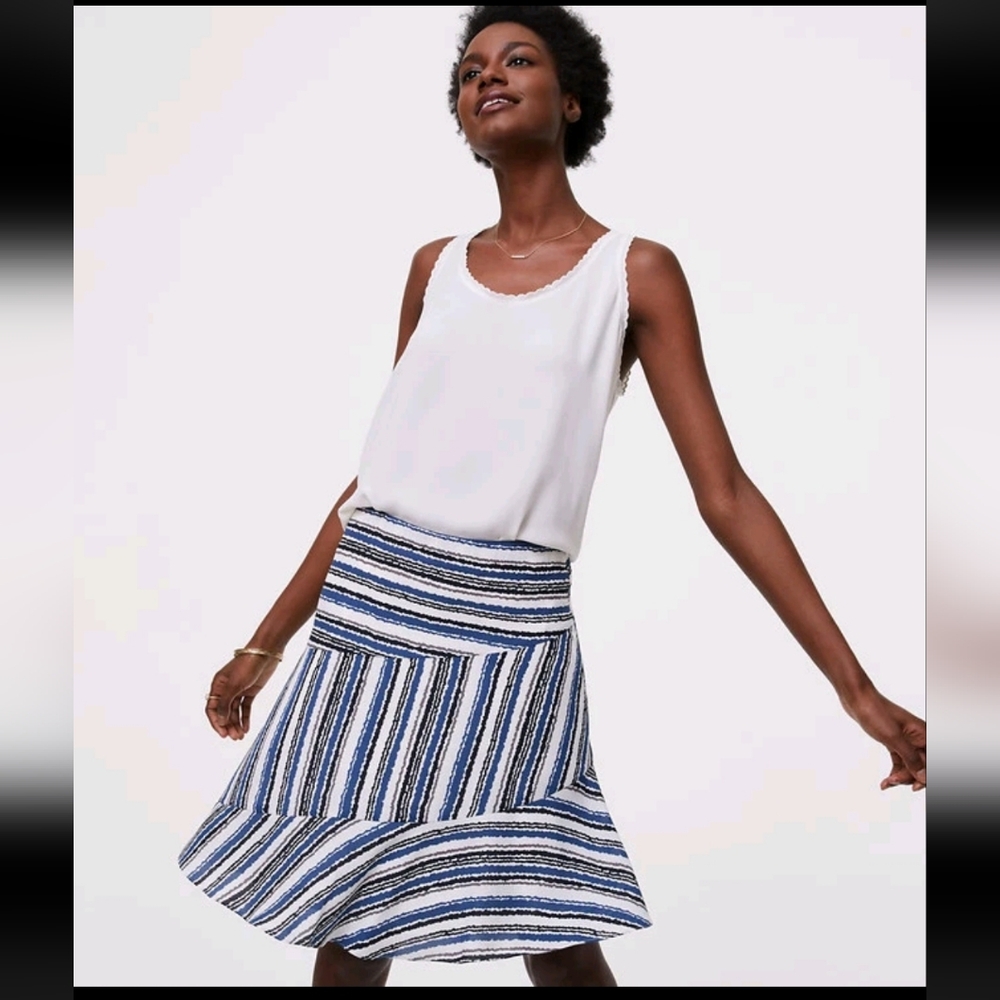 NWT LOFT Striped Blue, Black and White Flounce Skirt - Picture 2 of 12